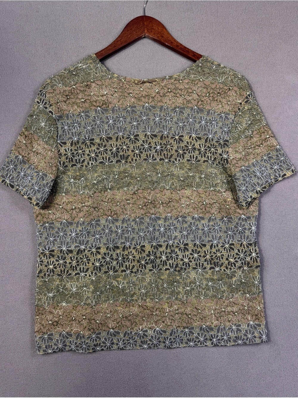 Vintage Y2K Kathie Lee Earth Tone Multicolor Lace Mesh Short Sleeve Top, XL - Picture 9 of 11